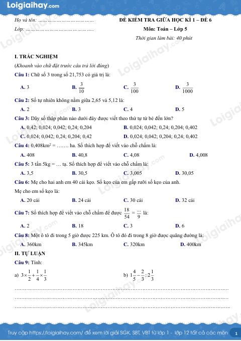 Đề kiểm tra giữa kì 1 Toán 5 - Đề số 6